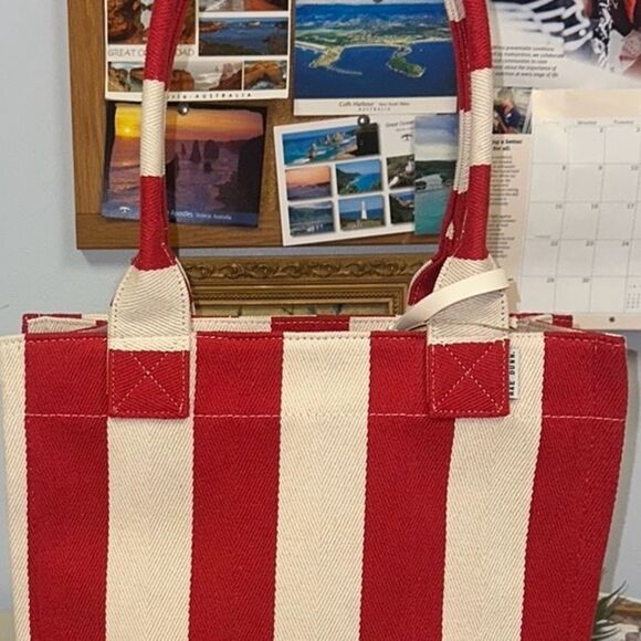 RAE DUNN Large Rare Retro Red Ivory Stripe Woven Canvas Bonjour Shopper Tote - Picture 15 of 15